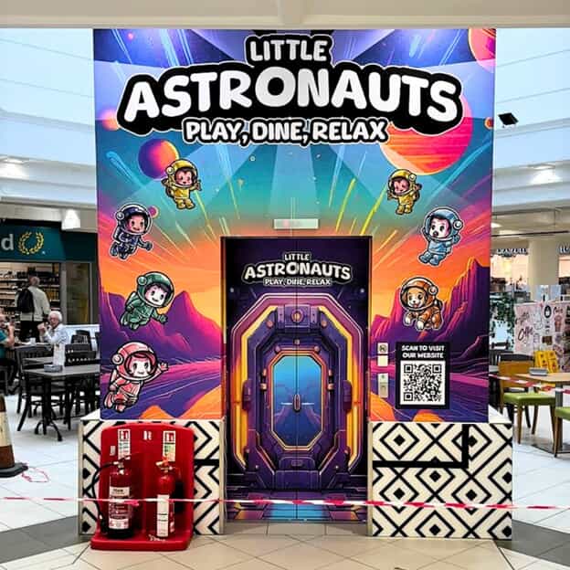 An image of the Little Astronauts play, dine, and relax graphics.